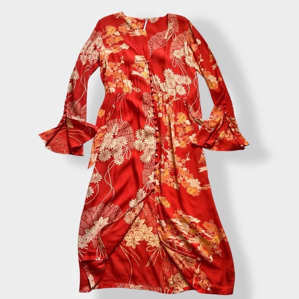 Free People Orange Midi Tie Back Dress Resort Boho Retro Style Floral dress S - Picture 5 of 11